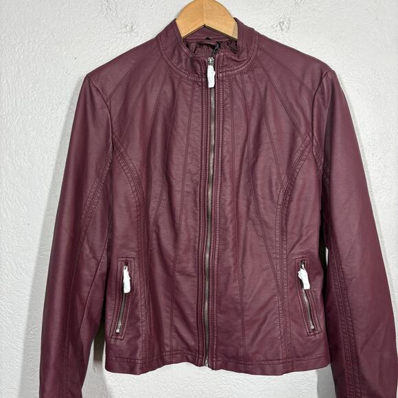 NEW! Made by Johnny Vegan Leather Jacket Mock Neck Moto Biker Wine Purple - M - Picture 2 of 8